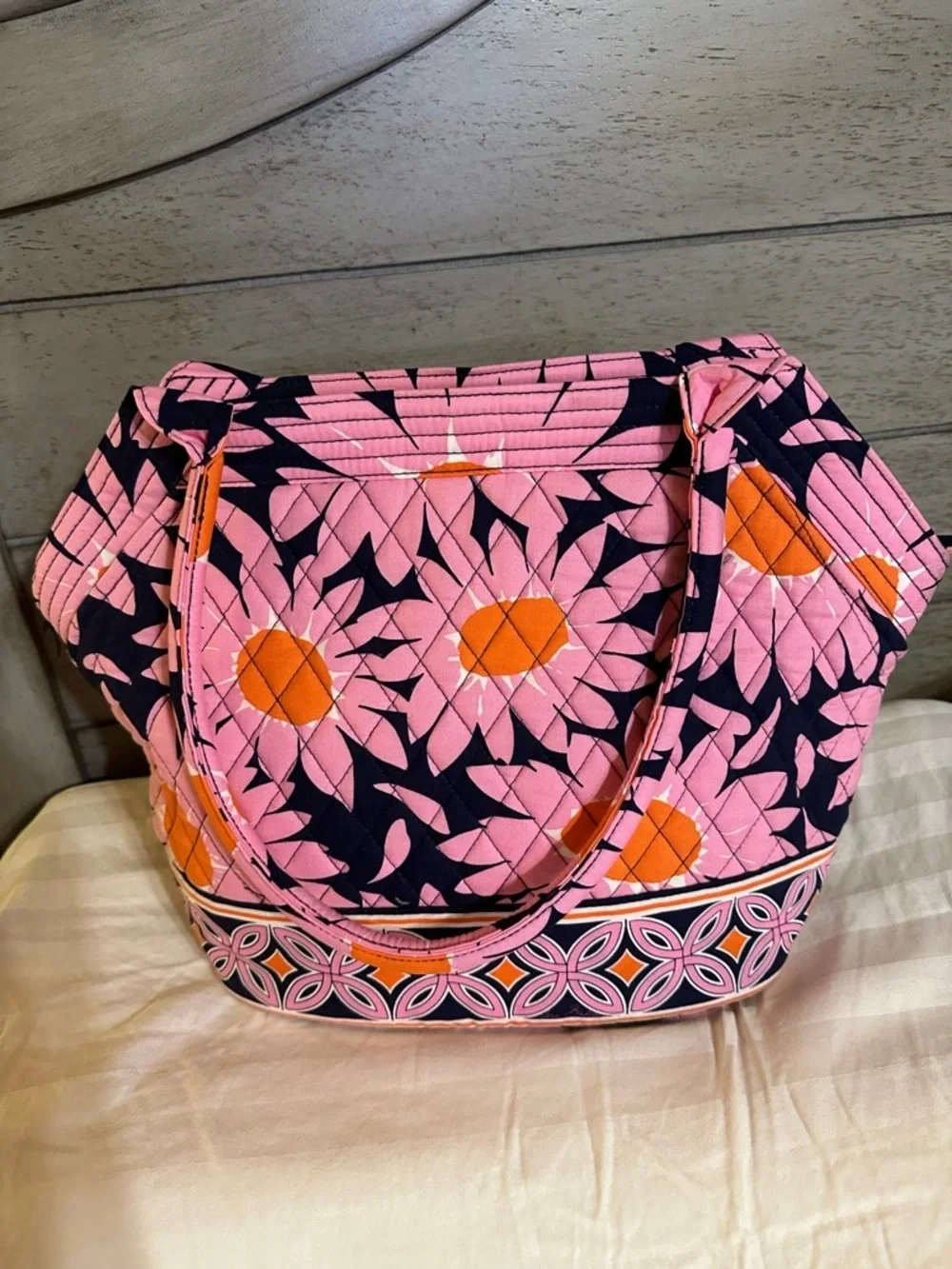 Vera Bradley Angle Tote Loves Me Floral Shoulder Bag Purse Pink Navy RETIRED